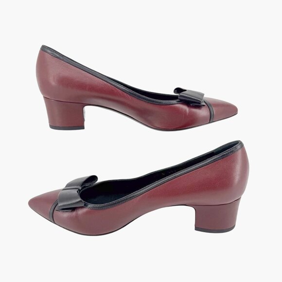 Chanel Pointed Toe Bow Pumps Size 38 US 7-7.5 Maroon Leather CC Mid Block Heel - Picture 11 of 15